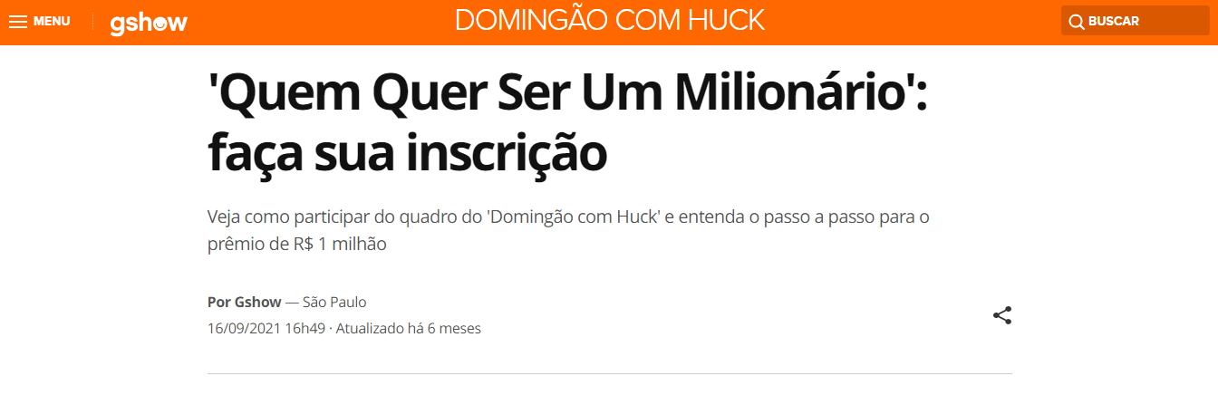 Página de inscrição do quadro "Quem quer ser um milionário" do Gshow