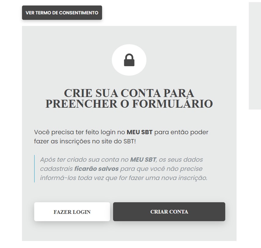 Página de inscrição no site do SBT